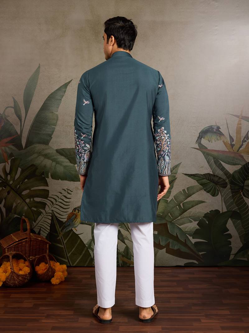 Green viscose silk thread with sequence embroidered work kurta only