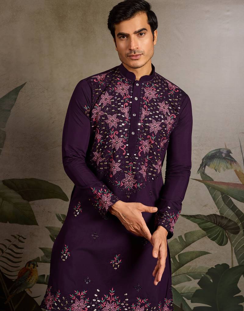 Purple viscose silk real mirror with thread & sequence embroidered work kurta only