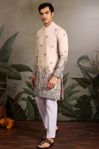 Beige viscose silk thread with sequence embroidered work kurta only