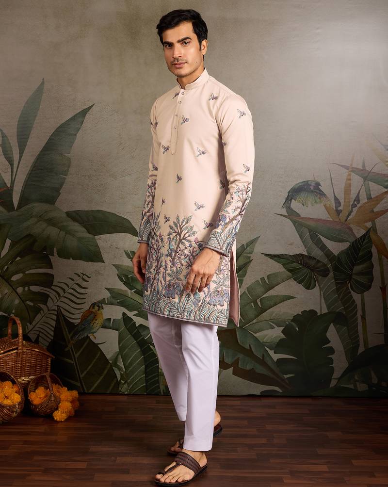 Beige viscose silk thread with sequence embroidered work kurta only
