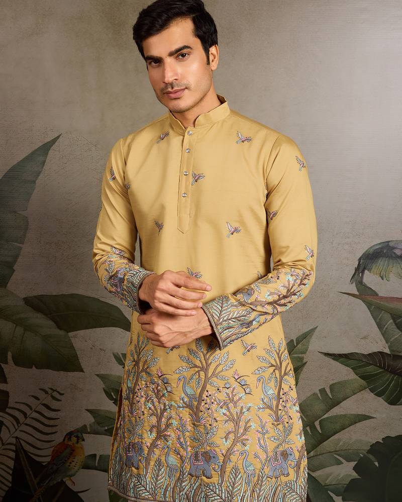 Yellow viscose silk thread with sequence embroidered work kurta only