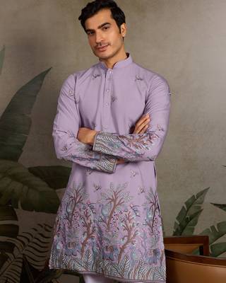 Lavender viscose silk thread with sequence embroidered work kurta only 3