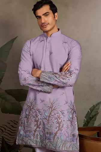 Lavender viscose silk thread with sequence embroidered work kurta only