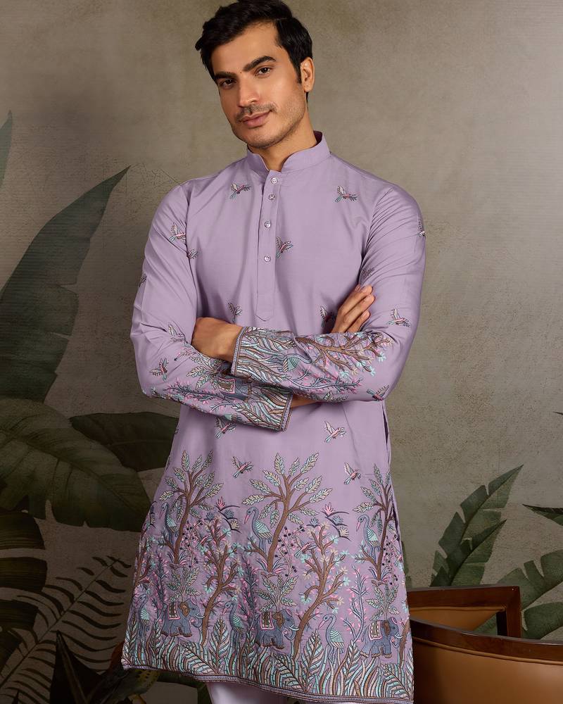 Lavender viscose silk thread with sequence embroidered work kurta only