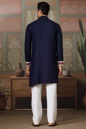 Navy blue pure cotton real mirror with multi thread work kurta only