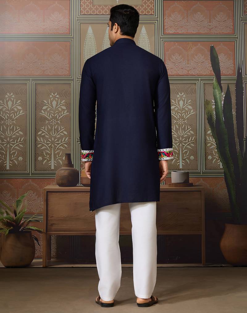 Navy blue pure cotton real mirror with multi thread work kurta only