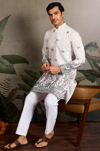 White viscose silk thread with sequence embroidered work kurta only