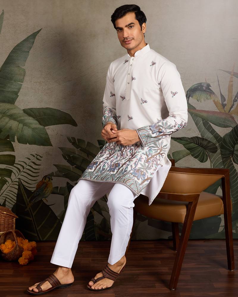 White viscose silk thread with sequence embroidered work kurta only