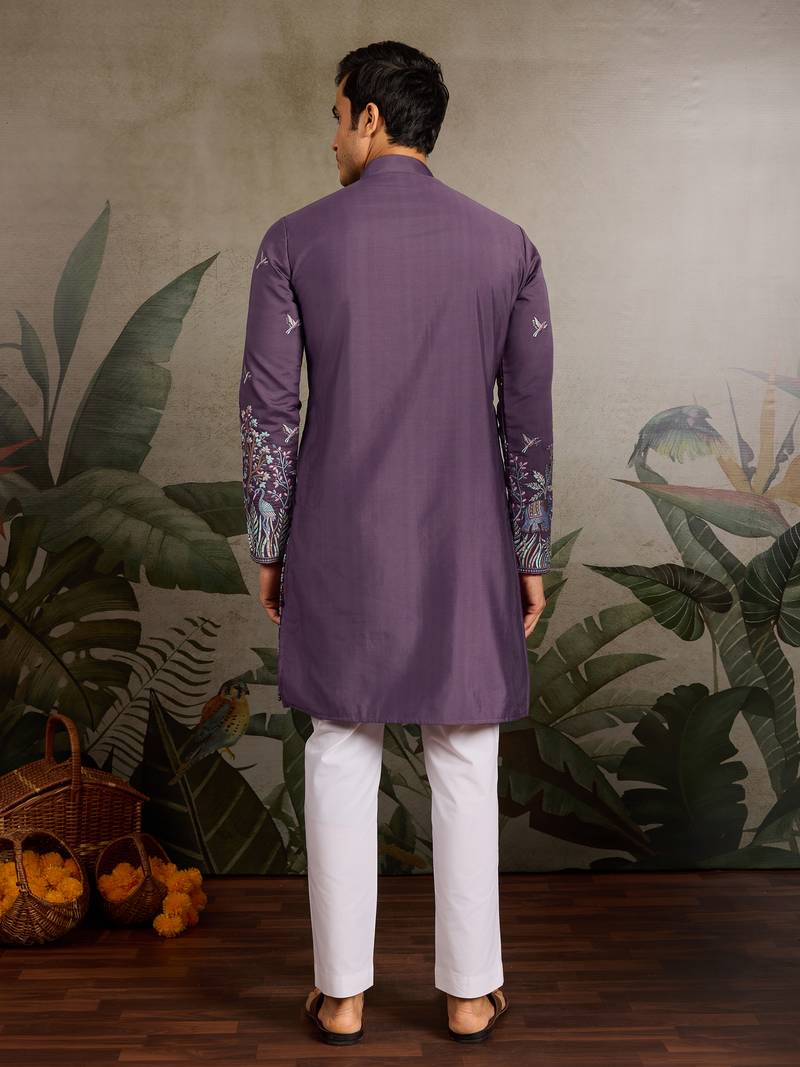 Dusta purple viscose silk thread with sequence embroidered work kurta only