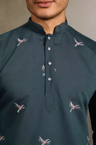 Green viscose silk thread with sequence embroidered work kurta only