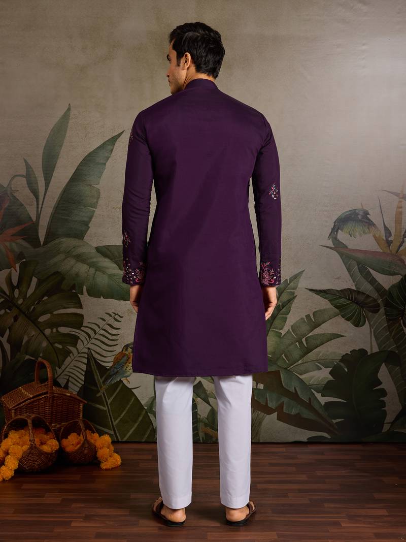 Purple viscose silk real mirror with thread & sequence embroidered work kurta only