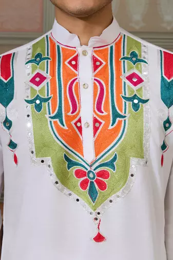 White pure cotton real mirror with multi thread work kurta only