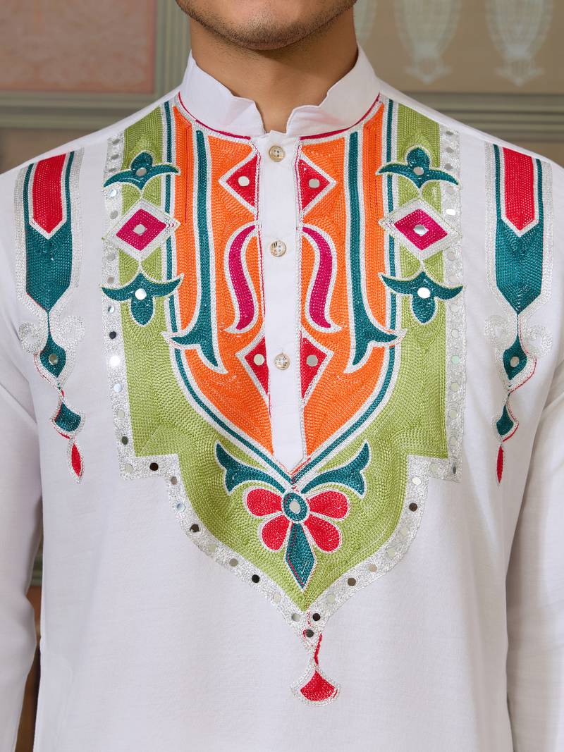 White pure cotton real mirror with multi thread work kurta only