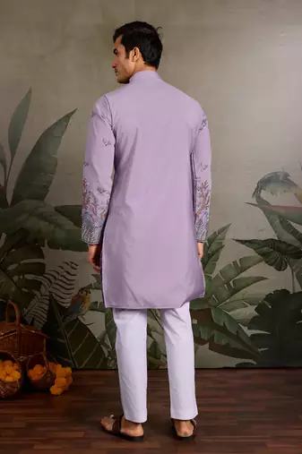 Lavender viscose silk thread with sequence embroidered work kurta only