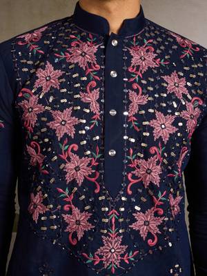 Navy blue viscose silk real mirror with thread & sequence embroidered work kurta only 5