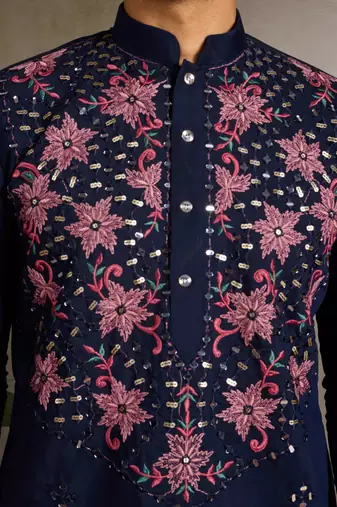Navy blue viscose silk real mirror with thread & sequence embroidered work kurta only