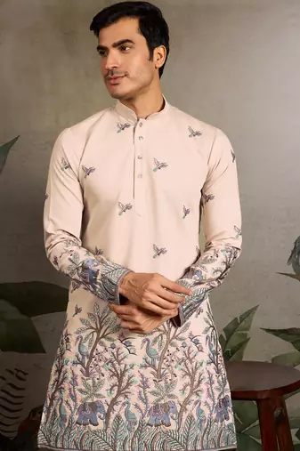 Beige viscose silk thread with sequence embroidered work kurta only
