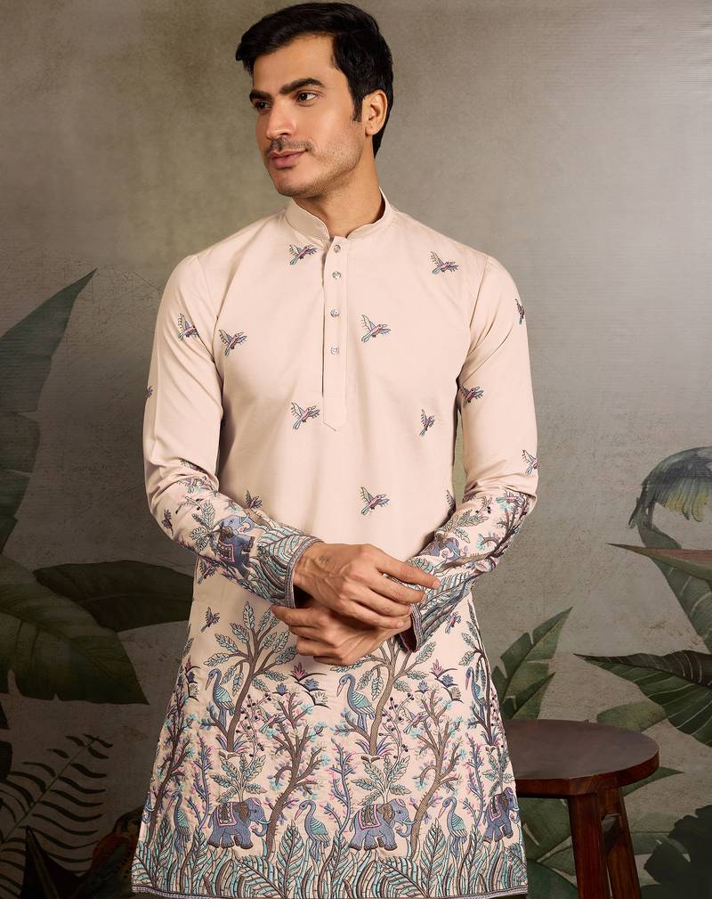 Beige viscose silk thread with sequence embroidered work kurta only