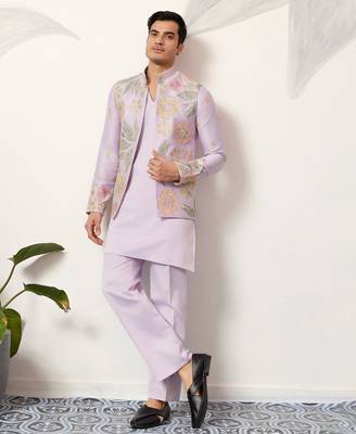 Pink satin silk thread with sequence embroidered work kurta jacket & bottom 1