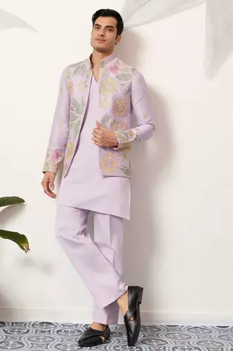 Pink satin silk thread with sequence embroidered work kurta jacket & bottom
