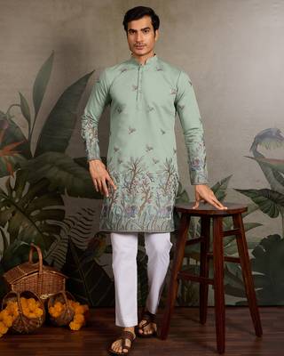 Pista green viscose silk thread with sequence embroidered work kurta only 1