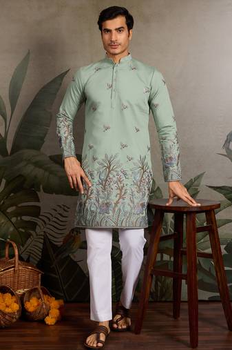 Pista green viscose silk thread with sequence embroidered work kurta only