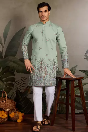 Pista green viscose silk thread with sequence embroidered work kurta only