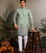 Pista green viscose silk thread with sequence embroidered work kurta only