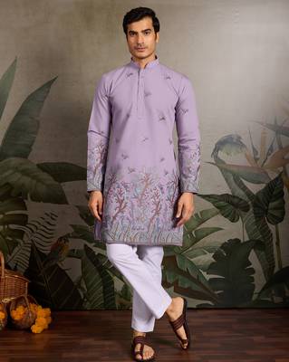 Lavender viscose silk thread with sequence embroidered work kurta only 5