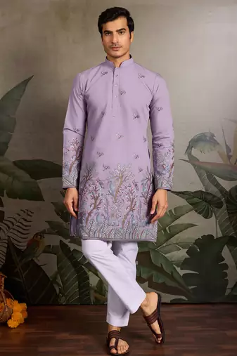 Lavender viscose silk thread with sequence embroidered work kurta only