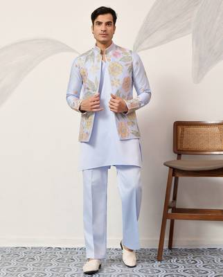 Sky blue satin silk thread with sequence embroidered work kurta jacket & bottom 1