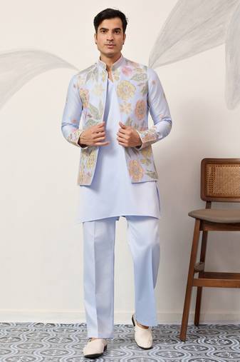 Sky blue satin silk thread with sequence embroidered work kurta jacket & bottom