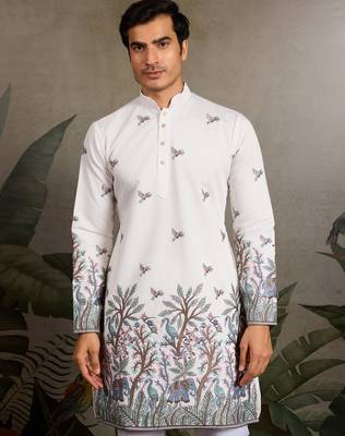 White viscose silk thread with sequence embroidered work kurta only 3