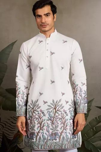 White viscose silk thread with sequence embroidered work kurta only