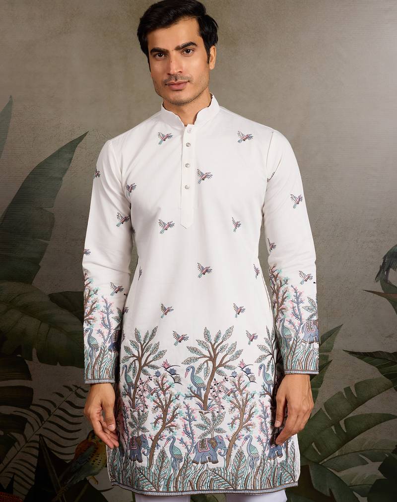 White viscose silk thread with sequence embroidered work kurta only