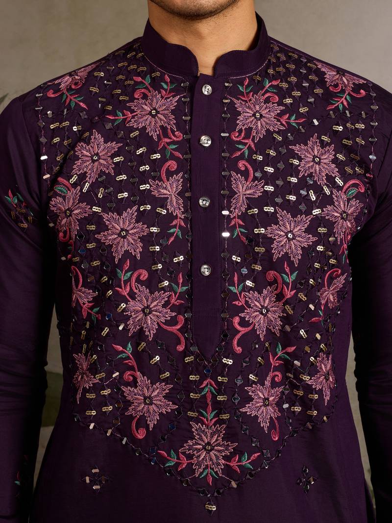 Purple viscose silk real mirror with thread & sequence embroidered work kurta only
