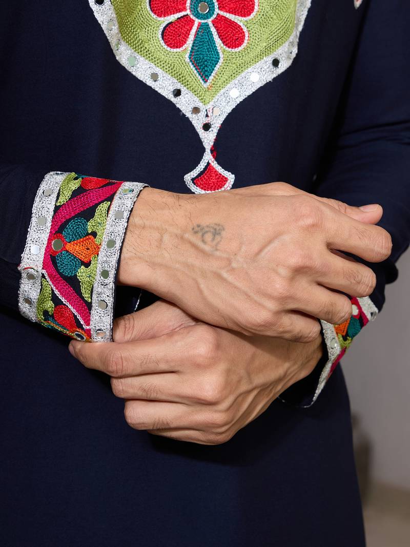 Navy blue pure cotton real mirror with multi thread work kurta only