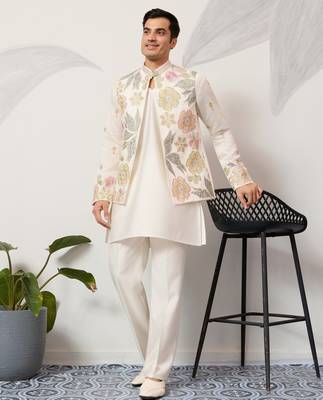 White satin silk thread with sequence embroidered work kurta jacket & bottom 1