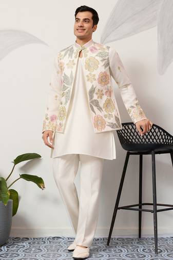 White satin silk thread with sequence embroidered work kurta jacket & bottom
