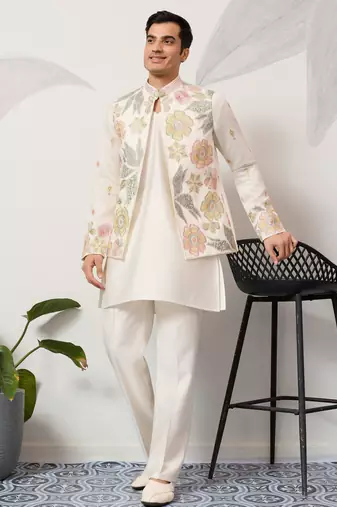 White satin silk thread with sequence embroidered work kurta jacket & bottom