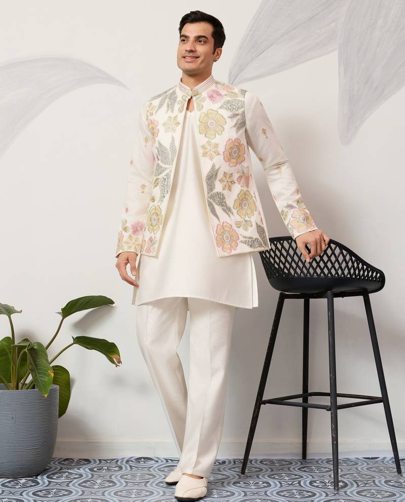 White satin silk thread with sequence embroidered work kurta jacket & bottom