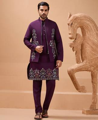 Purple viscose silk multi thread with sequence embroidered work kurta jacket & bottom 1