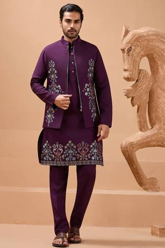 Purple viscose silk multi thread with sequence embroidered work kurta jacket & bottom