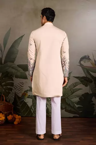 Beige viscose silk thread with sequence embroidered work kurta only