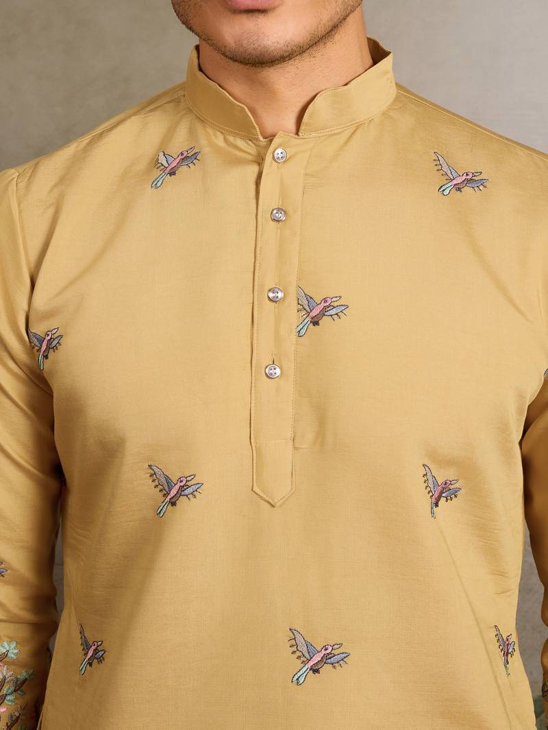 Yellow viscose silk thread with sequence embroidered work kurta only