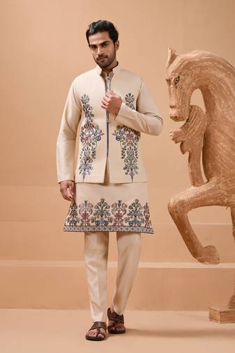 Beige viscose silk multi thread with sequence embroidered work kurta jacket & bottom