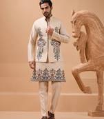 Beige viscose silk multi thread with sequence embroidered work kurta jacket & bottom