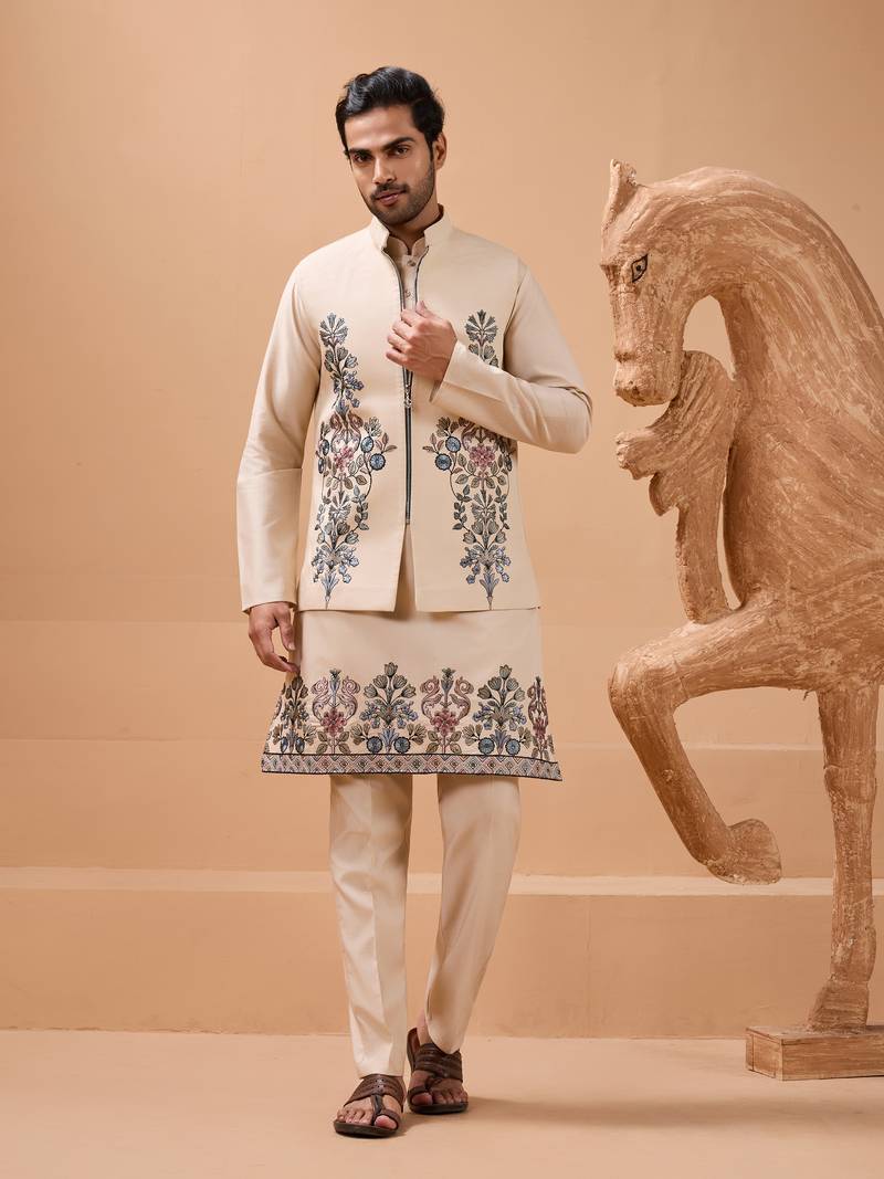 Beige viscose silk multi thread with sequence embroidered work kurta jacket & bottom