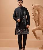 Black viscose silk multi thread with sequence embroidered work kurta jacket & bottom