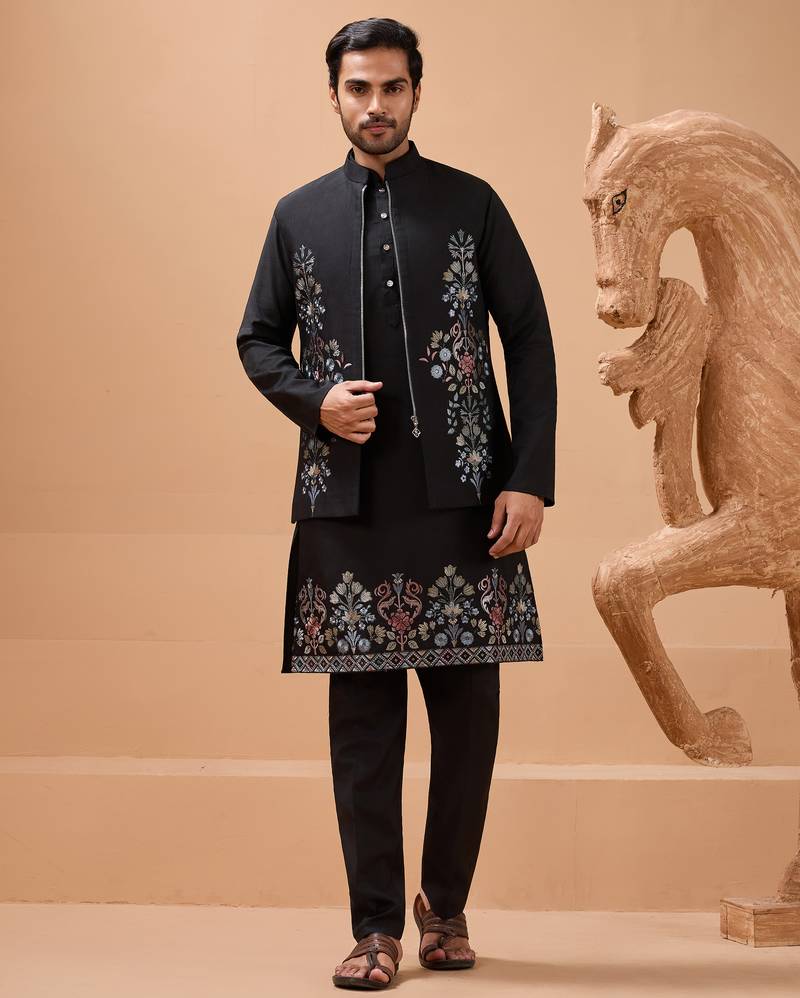 Black viscose silk multi thread with sequence embroidered work kurta jacket & bottom